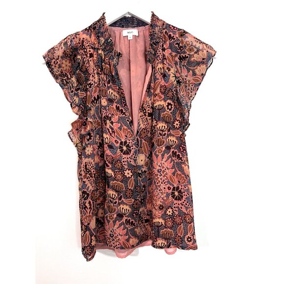 A.L.C. Brown/Pink 100% Silk Hayley Floral Metallic Blouse Size 4 - Picture 2 of 11